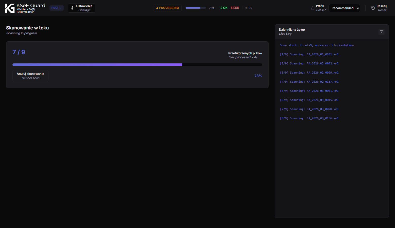 KSeF Guard — validation in progress with live log