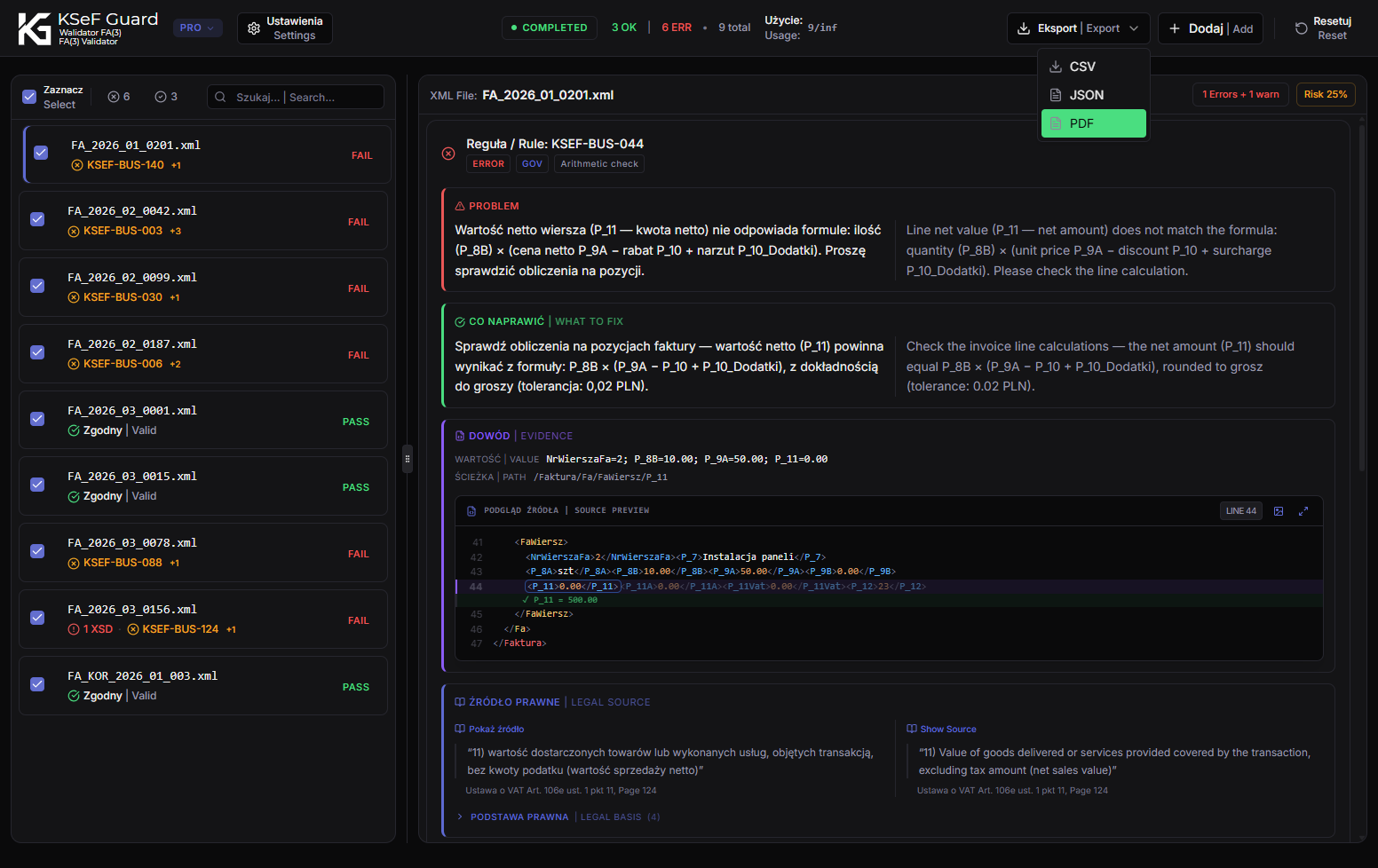 KSeF Guard — export panel with format options