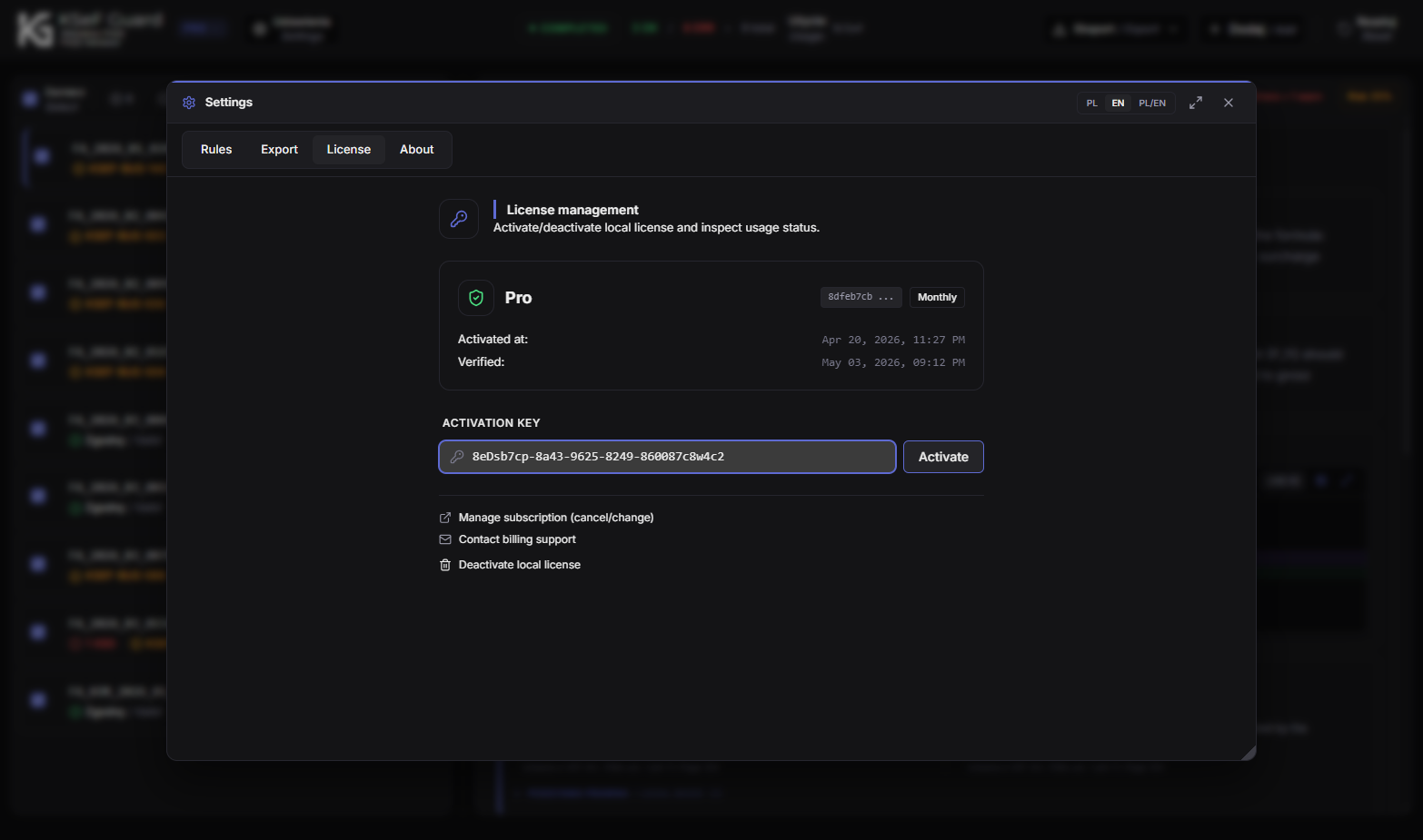 KSeF Guard — license activation panel
