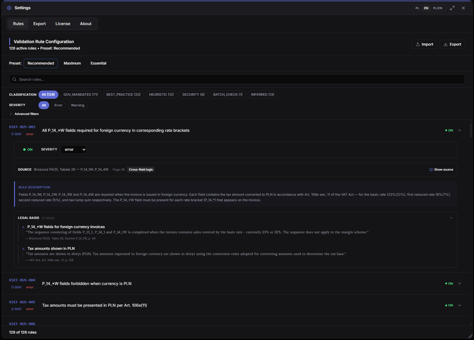 KSeF Guard — settings panel with rule list